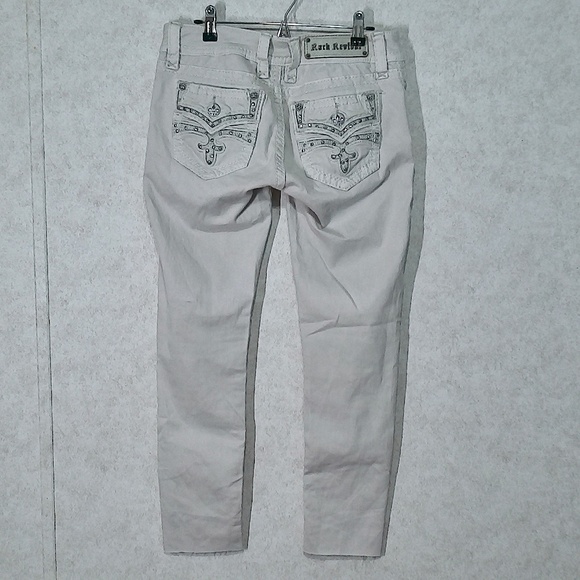 LKNW Rock Revival Celinda Ankle Skinny Jeans Cream,Raw Hem,Bling Fleur De Lis 28 - Picture 4 of 10